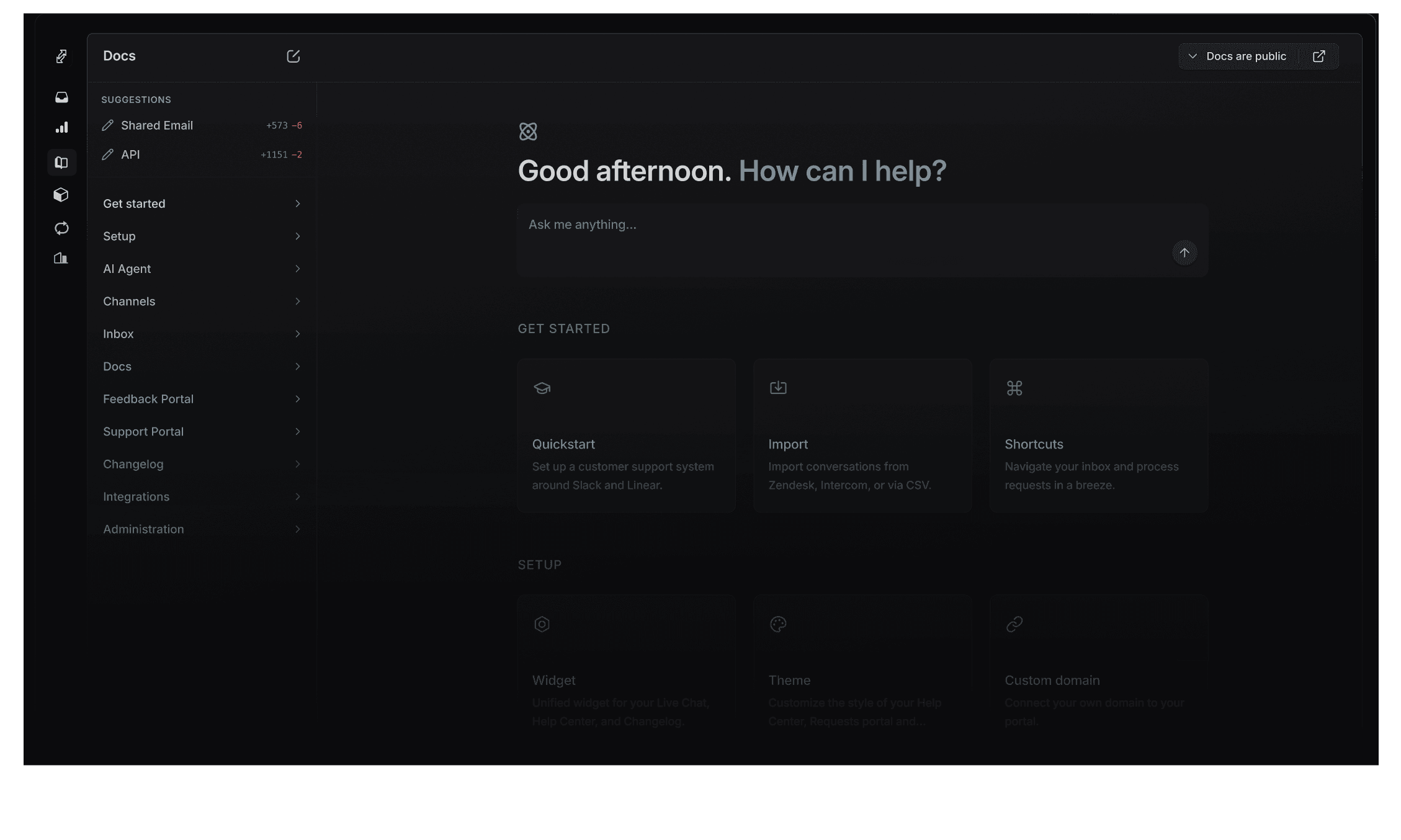 Self-updating help center with AI Ask anything bar, sidebar navigation, and getting-started cards